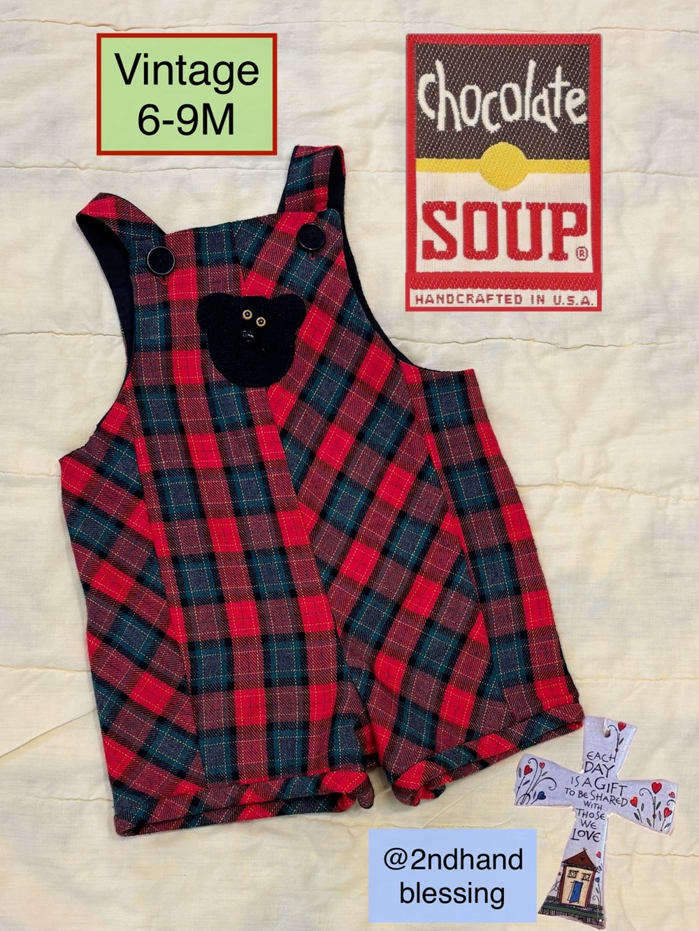Vintage Chocolate Soup Plaid Jon Jon Romper, 6-9 Month, Teddy Bear Red Green USA